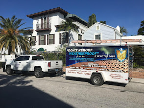 The Roof Store truck and trailer wrap — Don't Re-Roof It, Weatherproof It — installation crew, South Florida